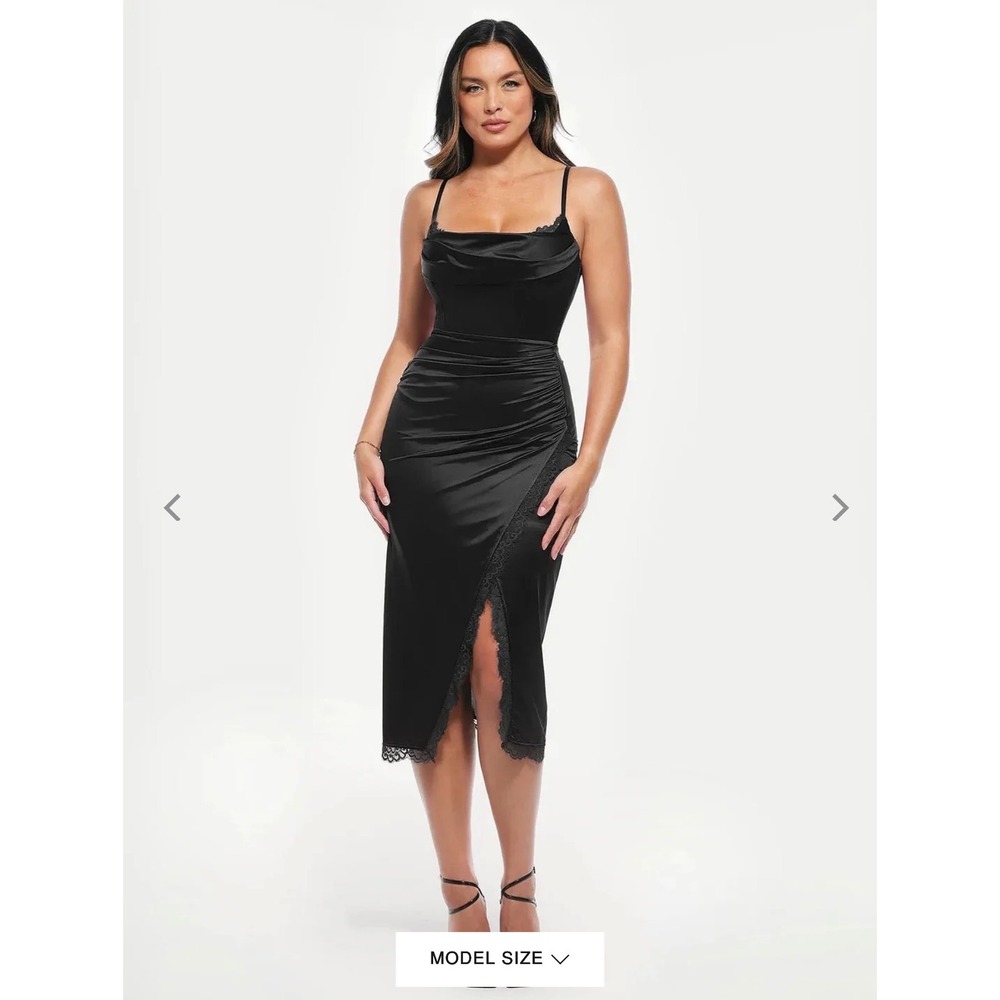 Popilush Shapewear Dress Women XXL Black NEW Lace Trim Satin Cowl Neck Midi